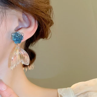 หมุดเงินลมวันหยุดดอกไม้สีฟ้าทะเลใสต่างหู หางปลา เจ้าหญิงลมความรู้สึกระดับสูงของซอกต่างหูต่างหู