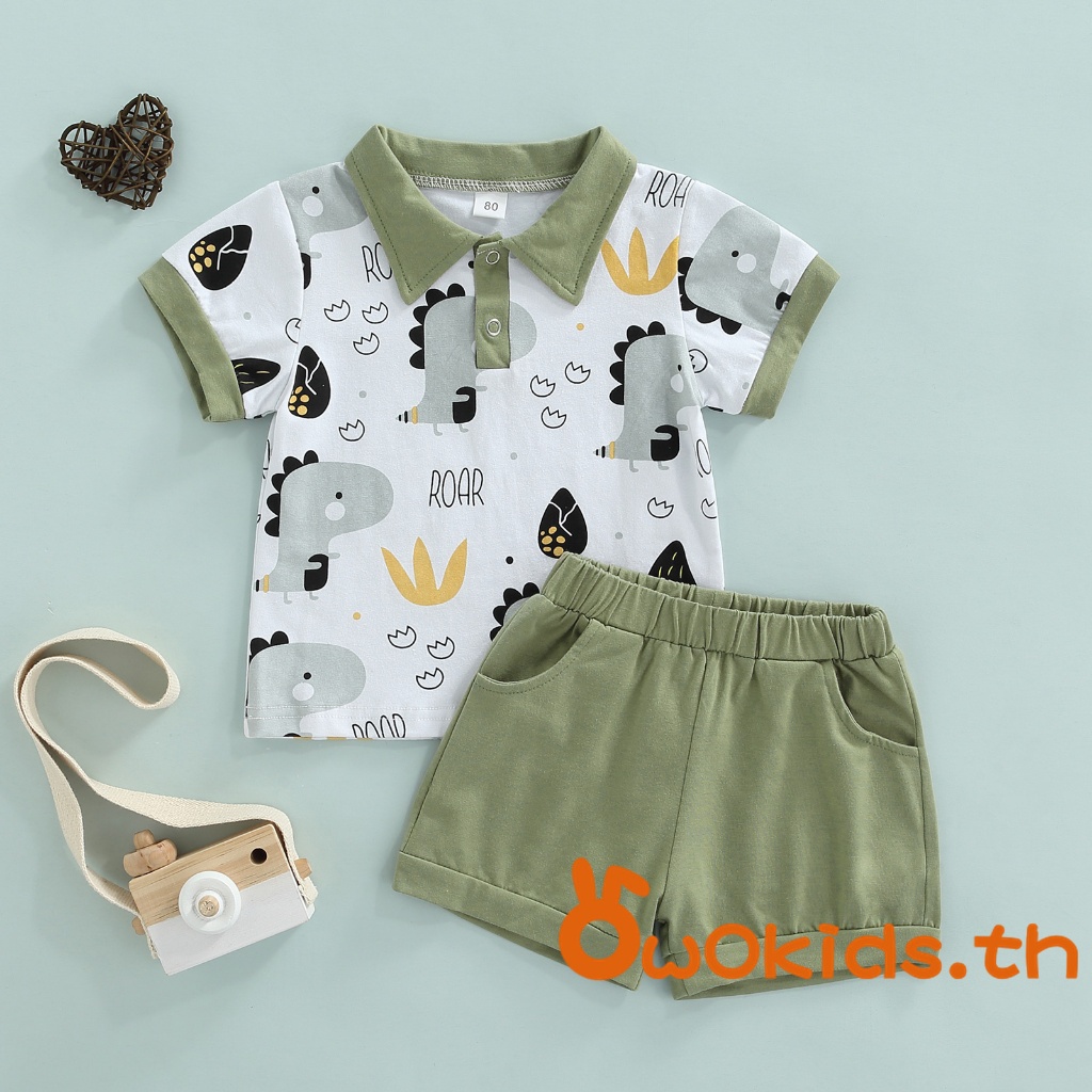 Toddler Kids Boys ชุดลําลองการ์ตูนไดโนเสาร์พิมพ์เสื้อแขนสั้น + กางเกงขาสั้นสีทึบ