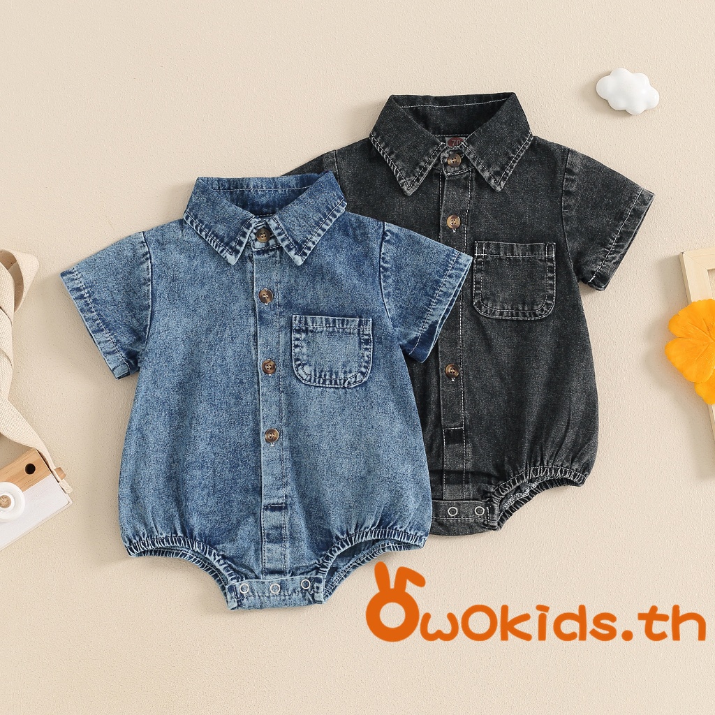 【ส่งจากไทย】​ทารกชายหญิง Denim Romper สีทึบแขนสั้น Turn-Down Collar ชุดจั๊มสูทเด็กปุ่มฤดูร้อนชุดบอดี้สูทลําลอง