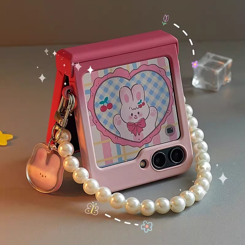 Samsung Galaxy Z Flip 3 4 5 6 เคสโทรศัพท์ไล่ระดับสี จี้รูปกระต่ายน่ารัก มีเชือกคล้อง ป้องกันการตก กันคราบ
