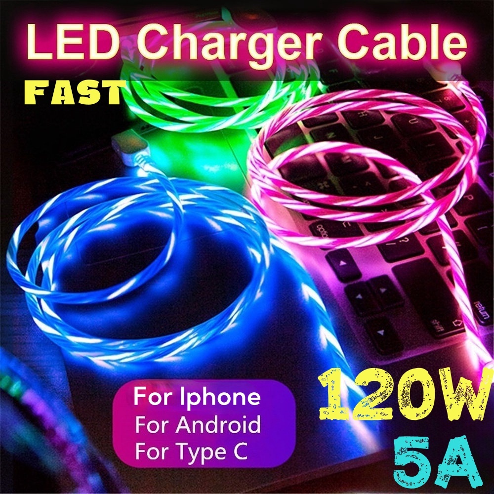 120w 5A Streamer Light Fast Charging Micro USB/Type-C/Iphone สาย LED ไหลสําหรับ Android/Iphone โทรศัพท์มือถือ