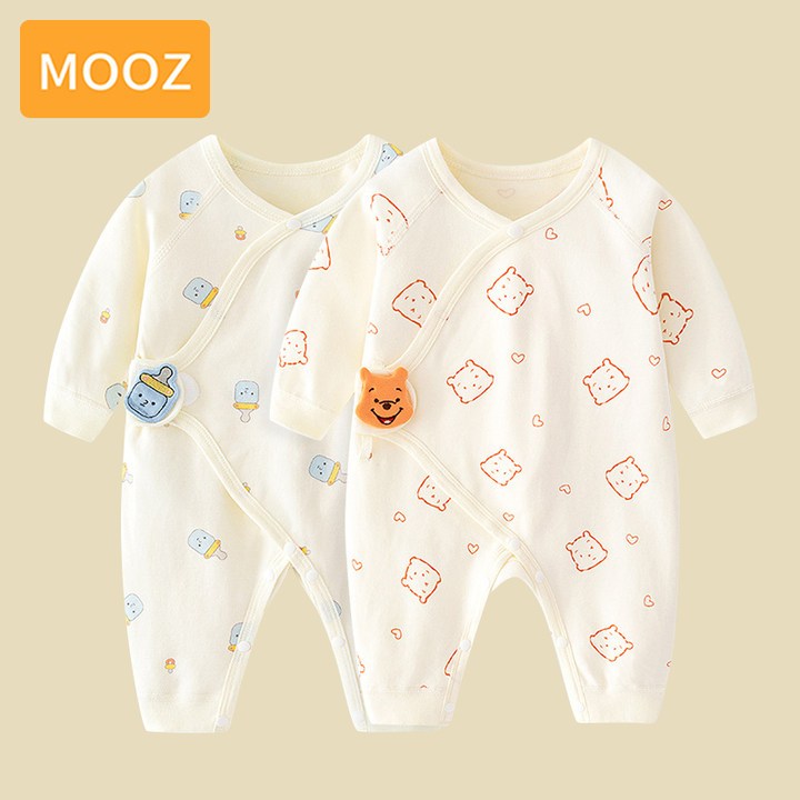 MOOZ เด็กชิ้นเดียวฤดูใบไม้ผลิและฤดูใบไม้ร่วงชุดนอนผ้าฝ้ายบางๆไม่มีกระดูกผ้าฝ้ายบางชุดนอนเด็กแรกเกิดแขนยาวคลุมท้องชุดผีเสื้อเวลโครให้ความอบอุ่นการ์ตูนน่ารักชุดเด็ก CDC024