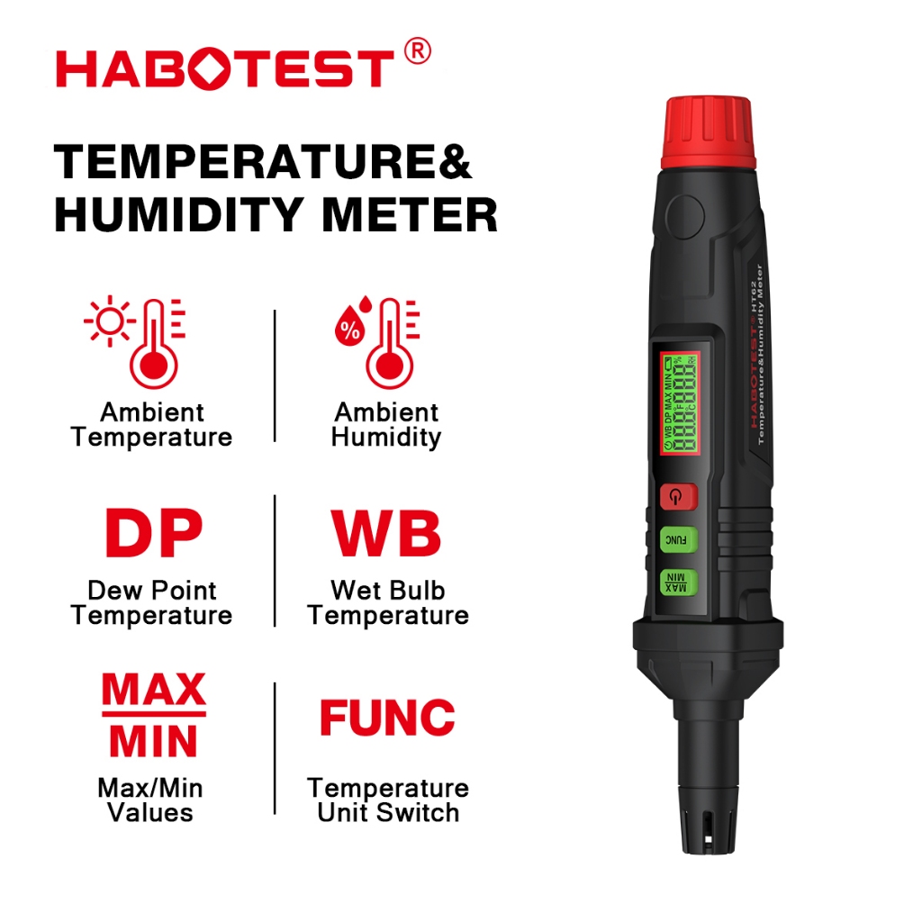 HABOTEST HT62 เทอโมมิเตอร์ & เครื่องวัดความชื้น 4-in-1 เทอร์โม-ไฮโกรมิเตอร์ปากกาความชื้นและอุณหภูมิด้วยจุดน้ำค้างและหลอดวัดความชื้น