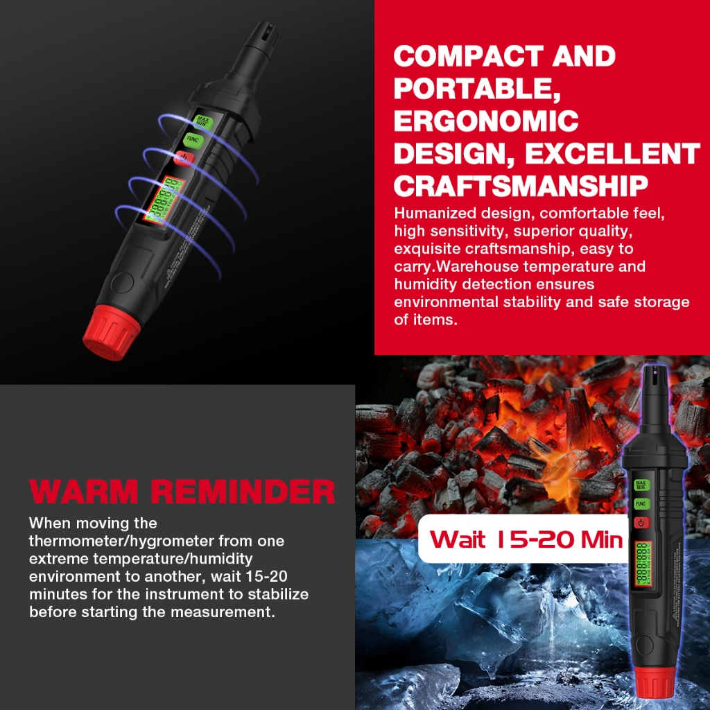 HABOTEST HT62 เทอโมมิเตอร์ & เครื่องวัดความชื้น 4-in-1 เทอร์โม-ไฮโกรมิเตอร์ปากกาความชื้นและอุณหภูมิด้วยจุดน้ำค้างและหลอดวัดความชื้น - รูปที่ 5