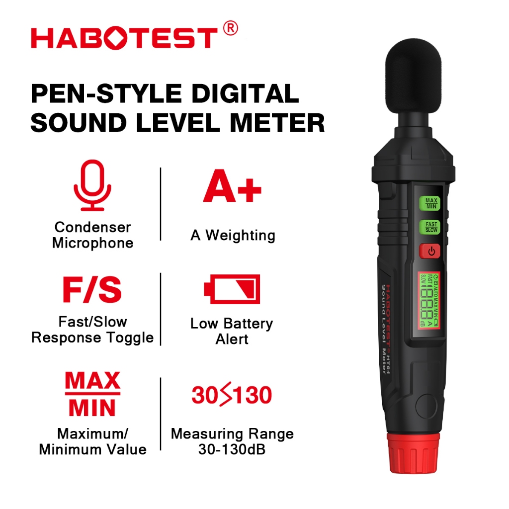 HABOTEST HT64 เครื่องวัดระดับเสียงดิจิทัล 30-130dBA ขนาดเล็ก ระดับเสียงดิจิตอลขนาดเล็กเมตรเดซิเบลตัวทดสอบติดตาม เกจวัดระดับเสียงรบกวน