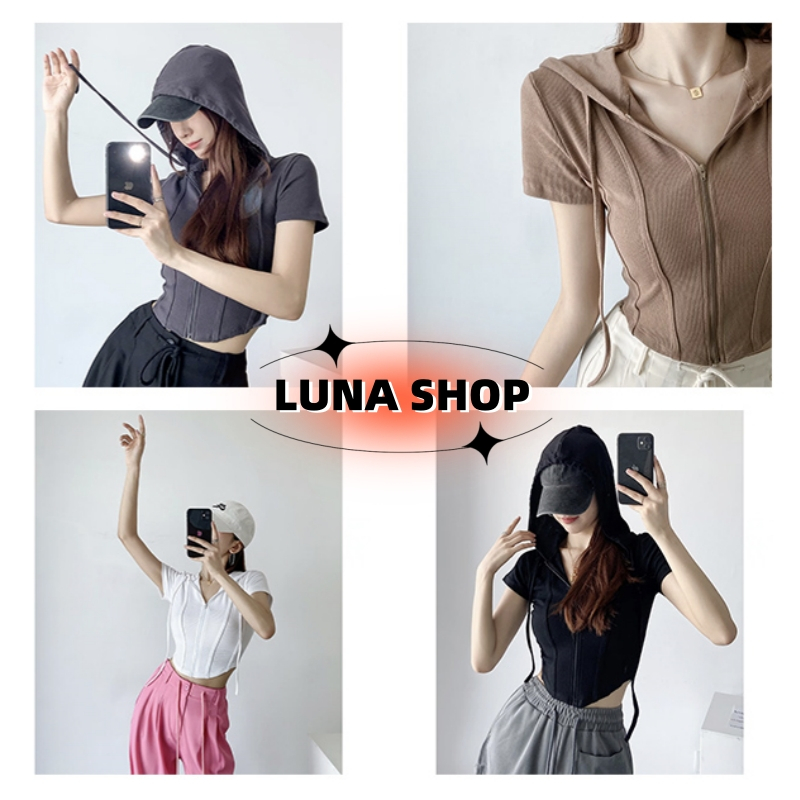 Luna Shop ยอดนิยมอเมริกันเซ็กซี่ออกแบบความรู้สึกซิปคลุมด้วยผ้าคาร์ดิแกนแขนสั้น เสื้อโค้ทสั้นชายเสื้อไม่สม่ำเสมอ