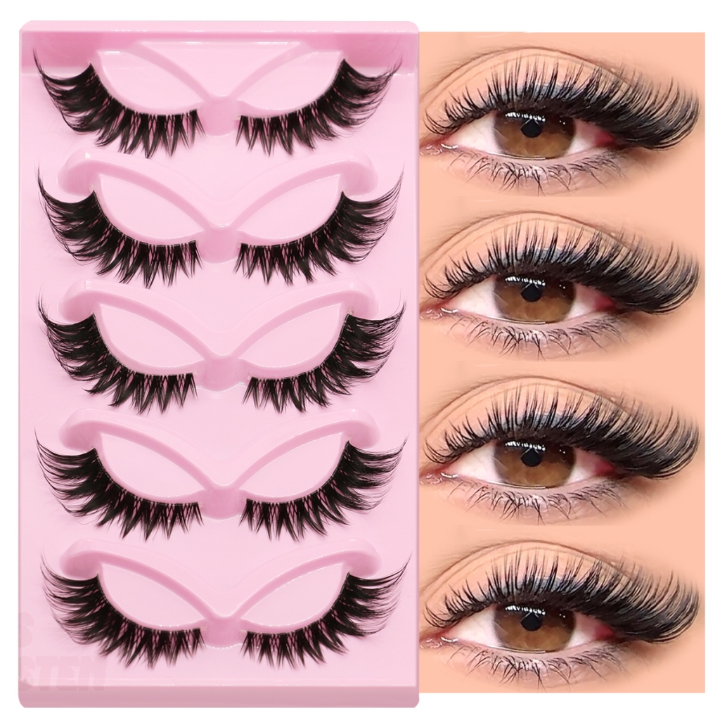 Groinneya Cat Eye Lashes 5 คู่ขนตาปลอมธรรมชาติ Clear Band Lashes ธรรมชาติยาว Winged End Eye Elongated Eyelashes แต่งหน้า