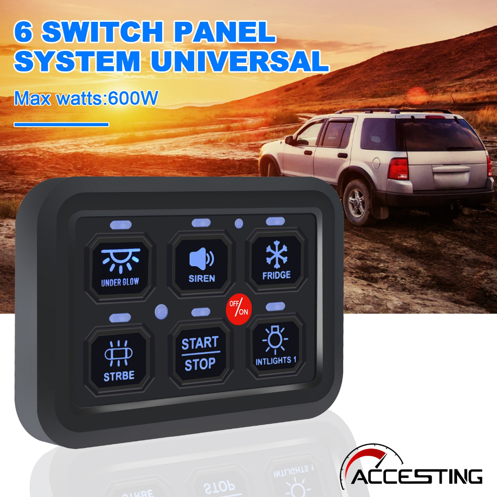 🔥6 Gang 7สีรีเลย์ควบคุมแผงวงจรไฟ LED แบบปรับได้กล่องระบบอีมูเลเตอร์แผงควบคุมระบบสัมผัสบางสำหรับเรือ Jeep UTV คาราวานสีฟ้า/แดง/เขียว