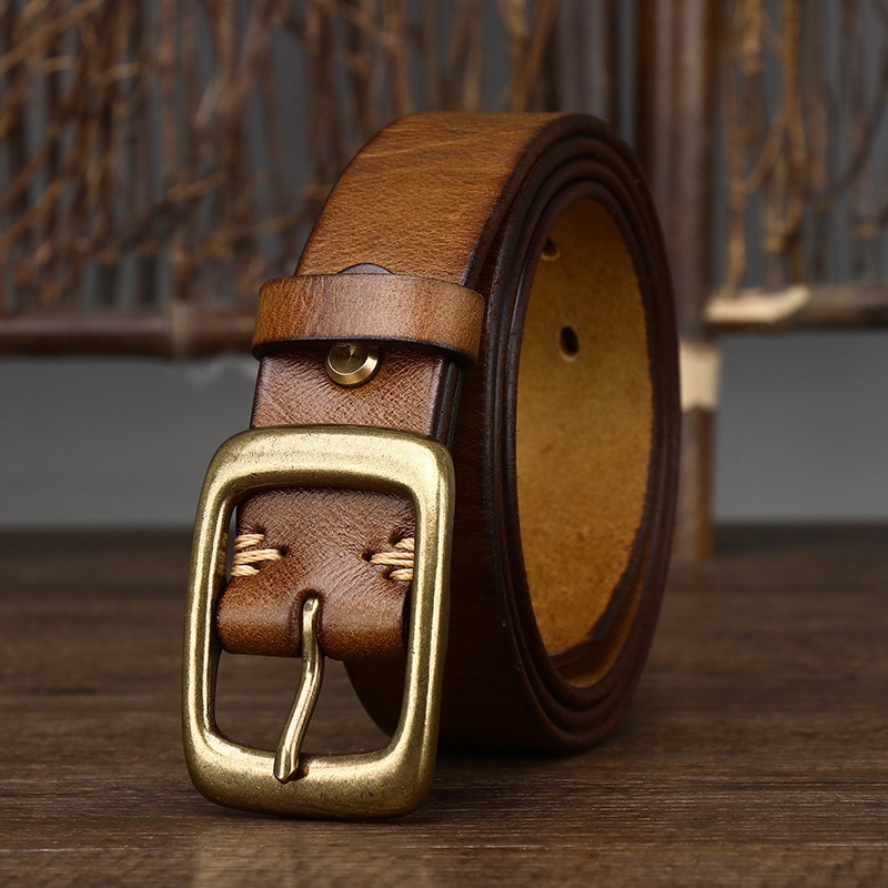 3.3 ซม.หัวเข็มขัดทองแดงผู้ชาย Cowskin เข็มขัดหนังแท้ Retro ชายหรูหราเข็มขัดสําหรับกางเกงยีนส์ผู้ชายของขวัญ