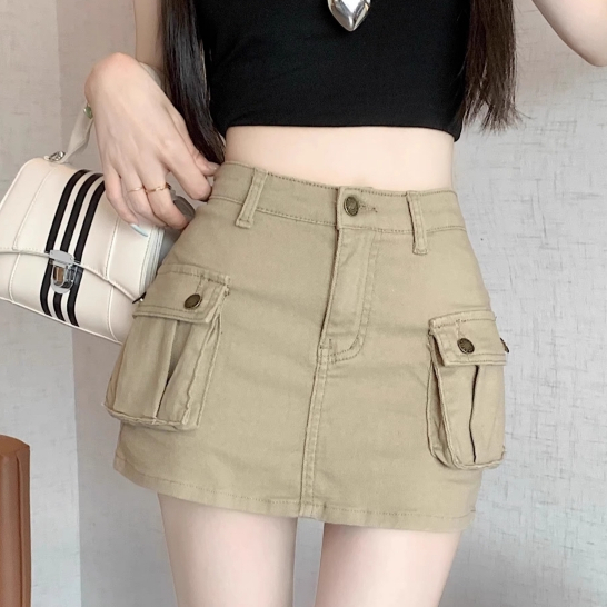 Hermarou S-6XL ของผู้หญิง สั้น กระโปรง กางเกง กากี เอ-ไลน์ กระโปรง สองเท่ากระเป๋าออกแบบยืดหยุ่น ผ้า