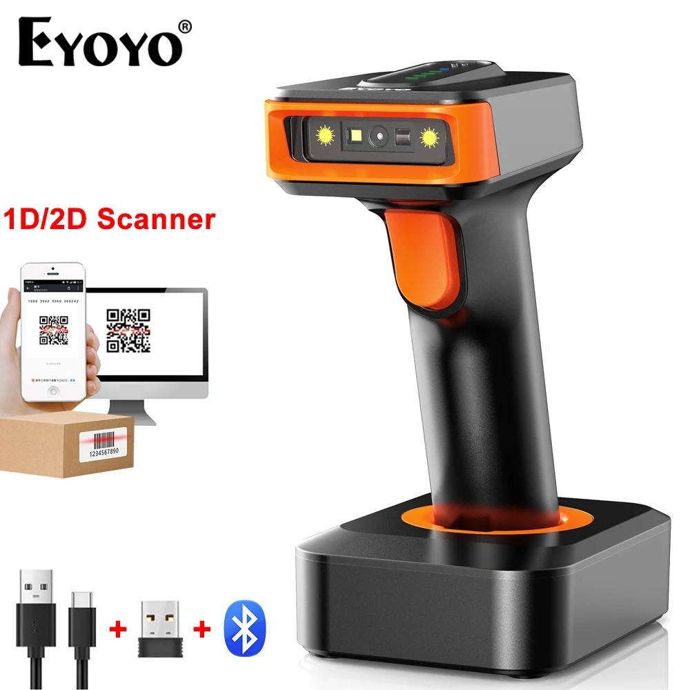 Eyoyo เครื่องสแกนบาร์โค้ดไร้สาย QR 2D, 3 in 1 Bluetooth และสาย USB & ไร้สาย 1D 2D QR Barcode Reader,