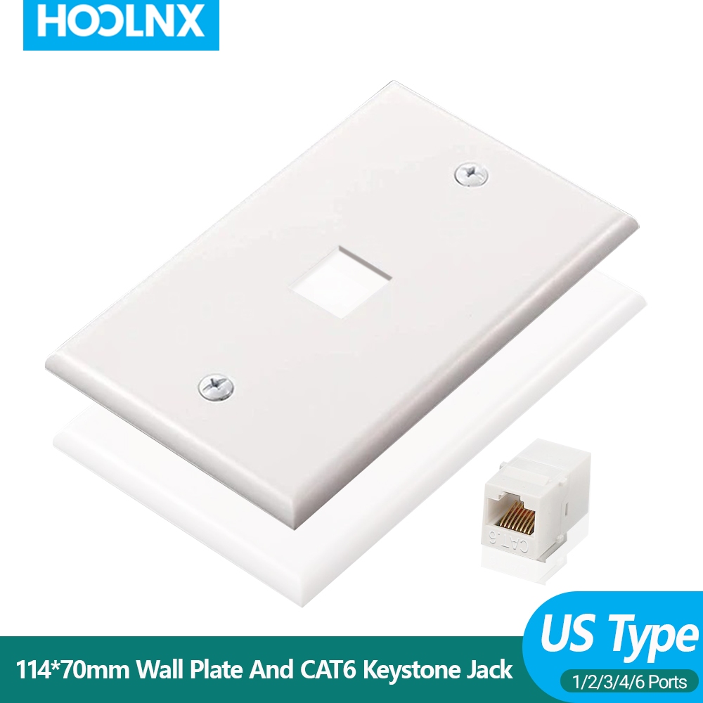 HOOLNX แผ่นเสียบผนัง RJ45 พอร์ต 1-6 ตัว รับสาย CAT6 - แบบเสียบเมียต่อเมีย ขนาดมาตรฐานอเมริกัน สีขาว