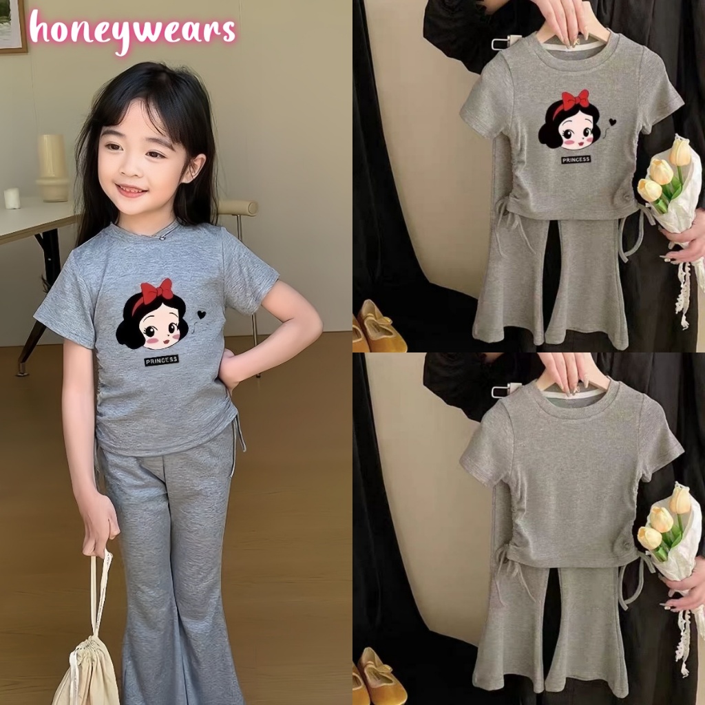 honeywears⚡️พร้อมส่ง⚡️ชุดเซ็ตแฟชั่นเด็กหญิง เสื้อแขนสั้นกางเกงขาม้า ขาบาน พิมพ์ลายน่ารัก ไซส์ 110-150