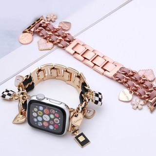 Chain Leather Pendant Watchband For Watch Strap series11 10 9 8 7 6 5 4 3 2 1,SE,SE2, Ultra, Ultra 2 Strap size 41mm 45mm 38mm 40mm 42mm 44mm 49mm Decorative สาย i watch Strap