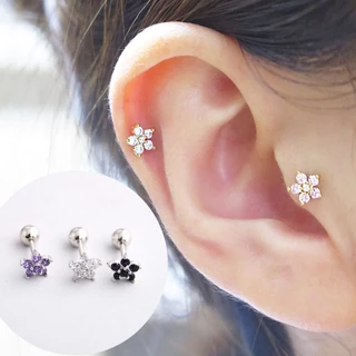 ต่างหูสตั๊ดอัญมณีสแตนเลสลายดอกไม้ Tragus Bar Helix 1 ชิ้น