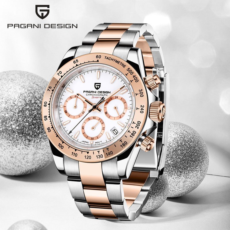 Pagani DESIGN นาฬิกาข้อมือควอตซ์แฟชั่น สายแซฟไฟร์ สเตนเลส เรืองแสง กันน้ํา แสดงปฏิทิน โครโนกราฟ 100 