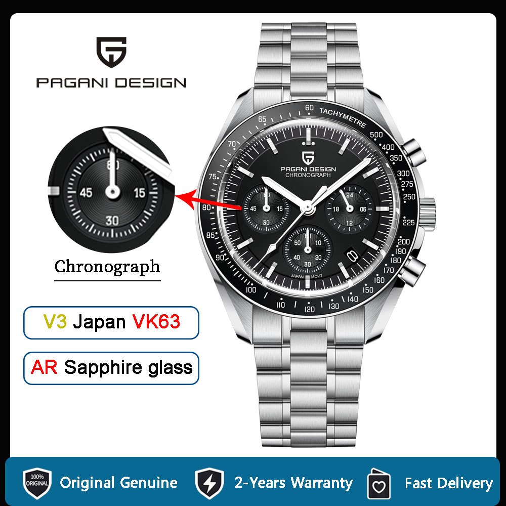 Pagani DESIGN นาฬิกาข้อมือควอตซ์แฟชั่น สายแซฟไฟร์ สเตนเลส กันน้ํา สําหรับบุรุษ Vk63 PD-1701