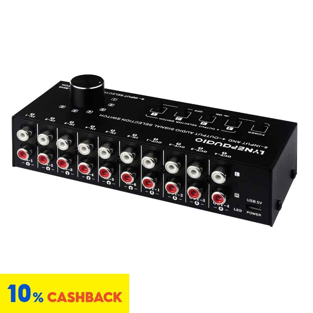 6-in 4-out สัญญาณเสียงเลือก switcher\audio switcher เอาต์พุตสลับควบคุมสามารถเอาต์พุตอินเทอร์เฟซ RCA ในเวลาเดียวกัน