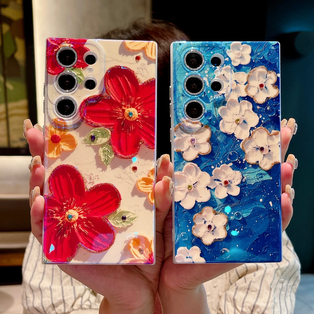 บลูเรย์ สวยงาม ดอกไม้สีแดง ดอกไม้สีขาว เคส Samsung Galaxy S24 Ultra S24 Plus S24 S23 Ultra S23 Plus S23 S22Ultra S22Plus S22 Case เคสโทรศัพท์ใหม่ สไตล์ผู้หญิง IMD ป้องกันการตก เคสมือถือซัมซุง