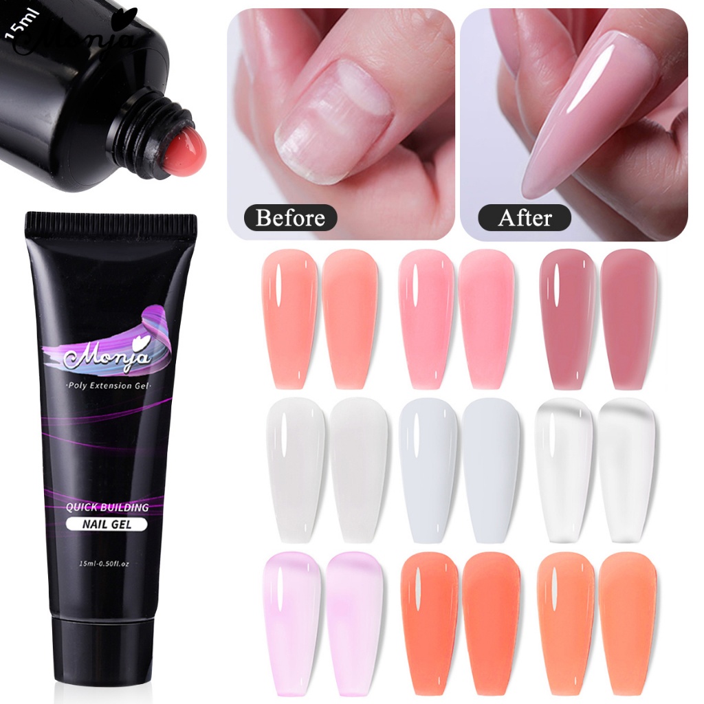 Monja เล็บปลอม โพลีคริสตัล เจล UV 15 มล. ต่อหลอด 10 สี สําหรับต่อเล็บ DIY