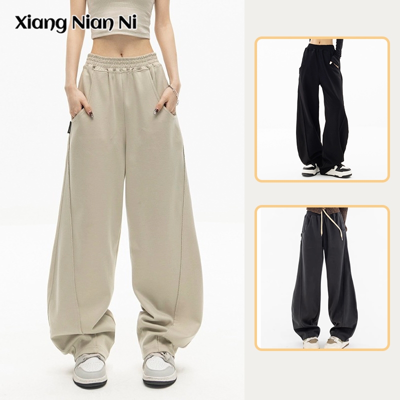 Xiang Nian Ni กางเกงขายาวลําลอง ขากว้าง สีแอปริคอท กล้วย สําหรับสตรี
