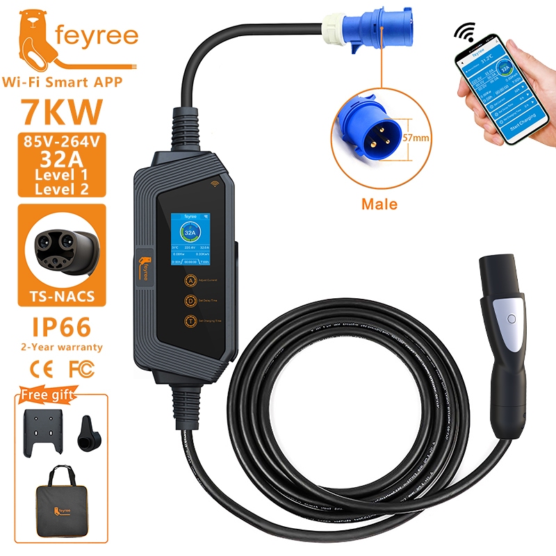Feyree แบบพกพา EV Charger พร้อมขั้วต่อ Tesla NACS 32A สูงสุด 50A 12kw พลังงานสูง EV wallbox พร้อม AP