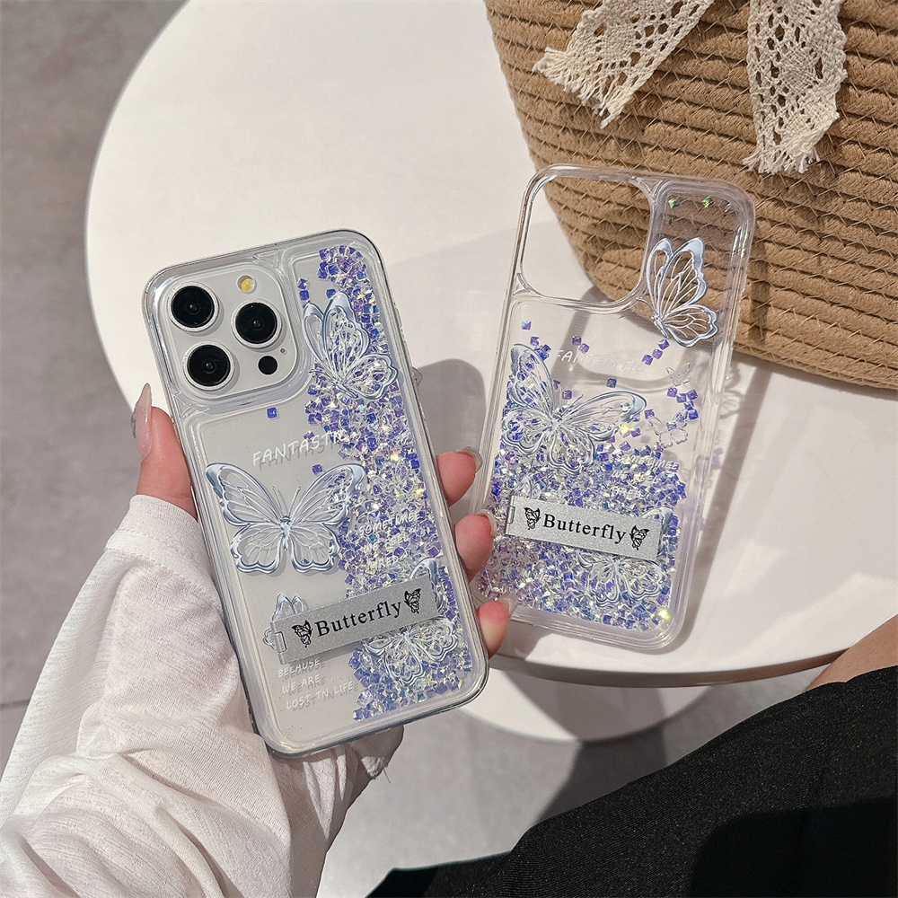 Iphone 15 Pro Max 12 13 14 11 ผีเสื้อลาย Shinny Glitter Liquid Bling Quicksand Clear Stand Soft Case Cover