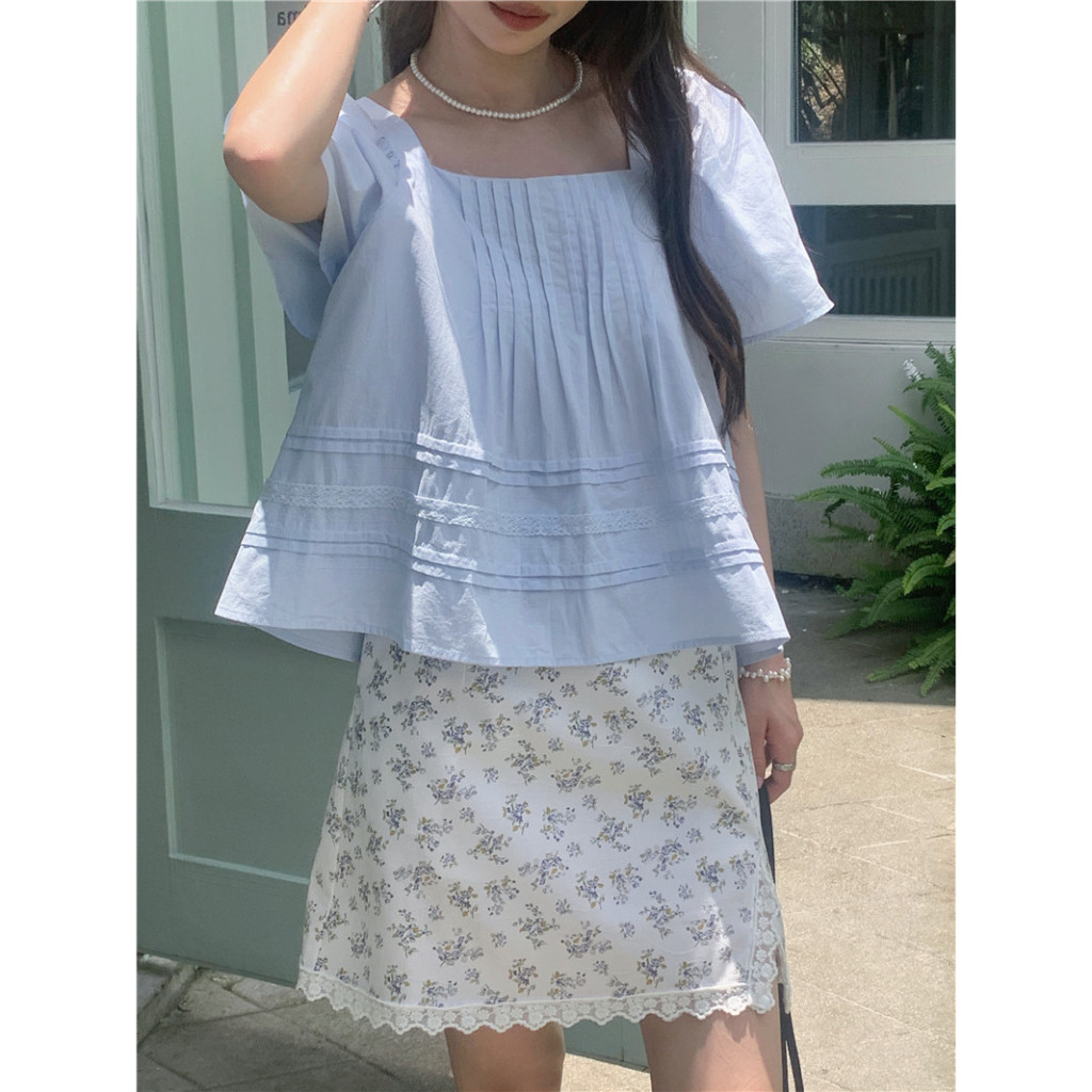 76190 เสื้อเชิ้ตสีทึบหลวมคอสี่เหลี่ยมหวานลูกไม้ขึ้น