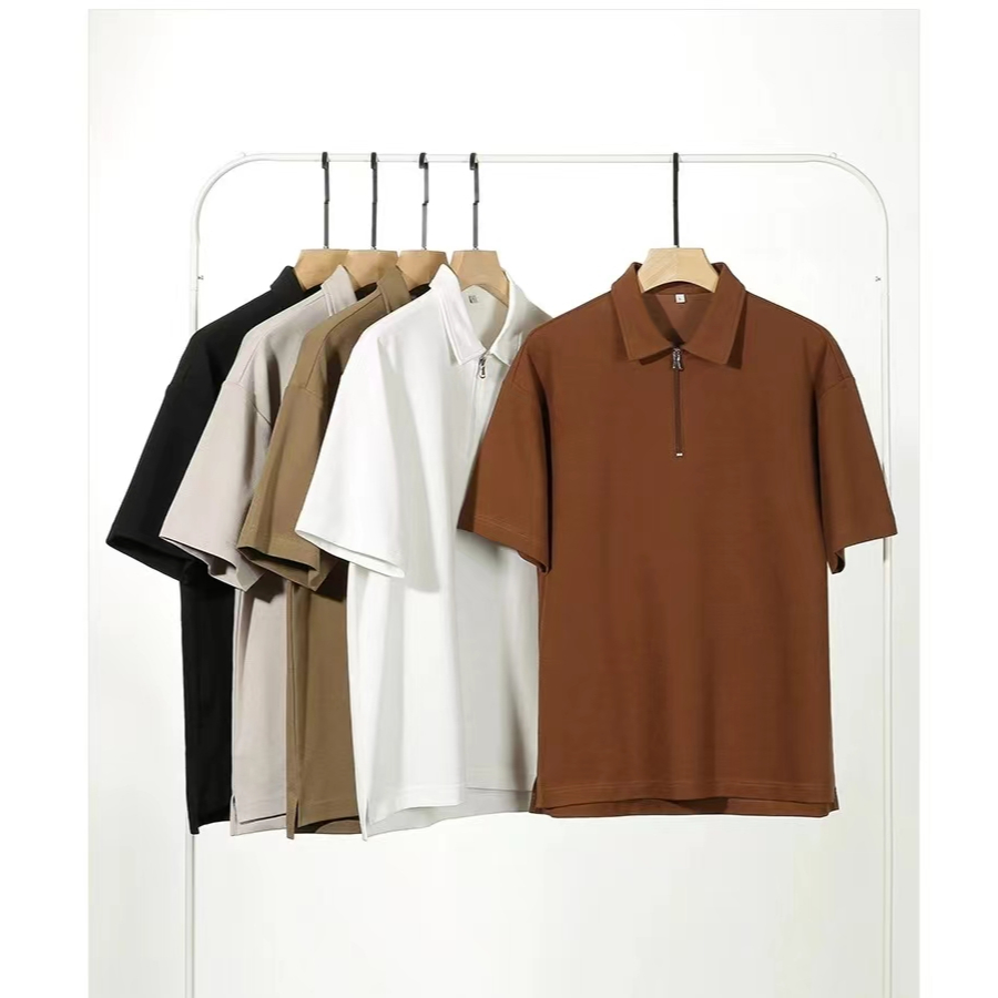Becoolman-เสื้อโปโลครึ่งซิปสีทึบผู้ชายลําลองสบายปกแขนสั้น