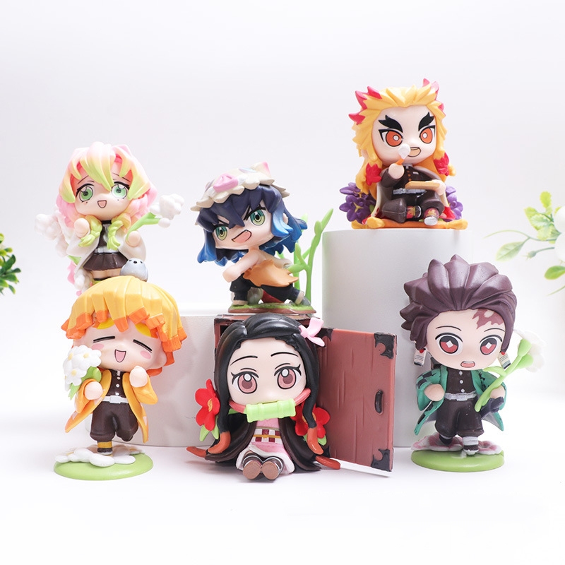 6 ชิ้น/เซ็ต Anime Demon Slayer Kamado Tanjirou Nezuko Rengoku Kyoujurou Agatsuma Zenitsu Inosuke Kanroji Mitsuri รุ่น Q PVC ตัวเลขการกระทําตุ๊กตาของเล่น