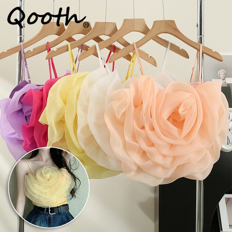 วันหยุด 3D ดอกไม้สีสันแขนกุด Camisole หวานชีฟอง Organza Beach เสื้อกั๊กสั้นสําหรับฤดูใบไม้ผลิฤดูร้อน QT2391