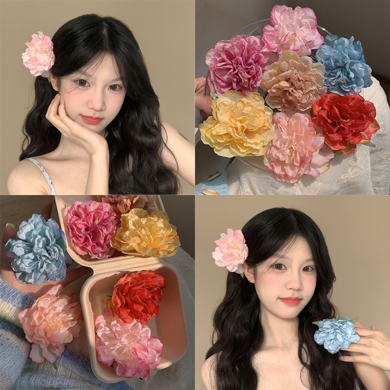 ดอกไม้ดอกโบตั๋นจําลองสามมิติกิ๊บติดผมเครื่องประดับผมคลิปปากเป็ดน่ารักของผู้หญิง