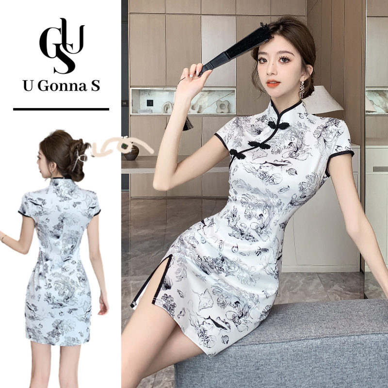 U Gonna S ชุดปรับปรุง Cheongsam โมเดิร์นแขนสั้นเซ็กซี่เหนือเข่าด้านข้าง Slit ดอกไม้จีนเอวสูงแฟชั่นหรูหรา Bodycon 2024 ยืดแบบดั้งเดิม Clot