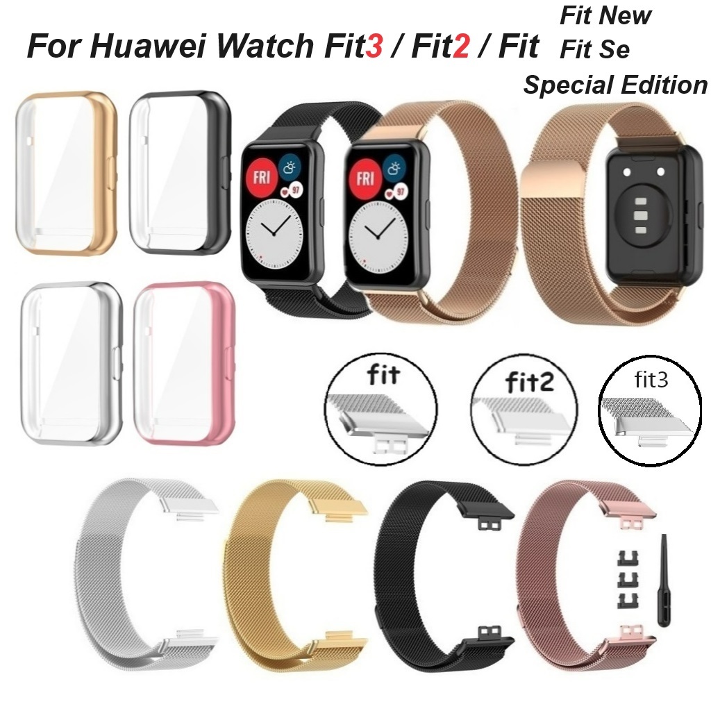 Milanese Watch Case + Strap สําหรับ Huawei Watch Fit ใหม่ SE 2 3 Fit2 Fit3 Stainless steel Magnetic Loop Metal Band