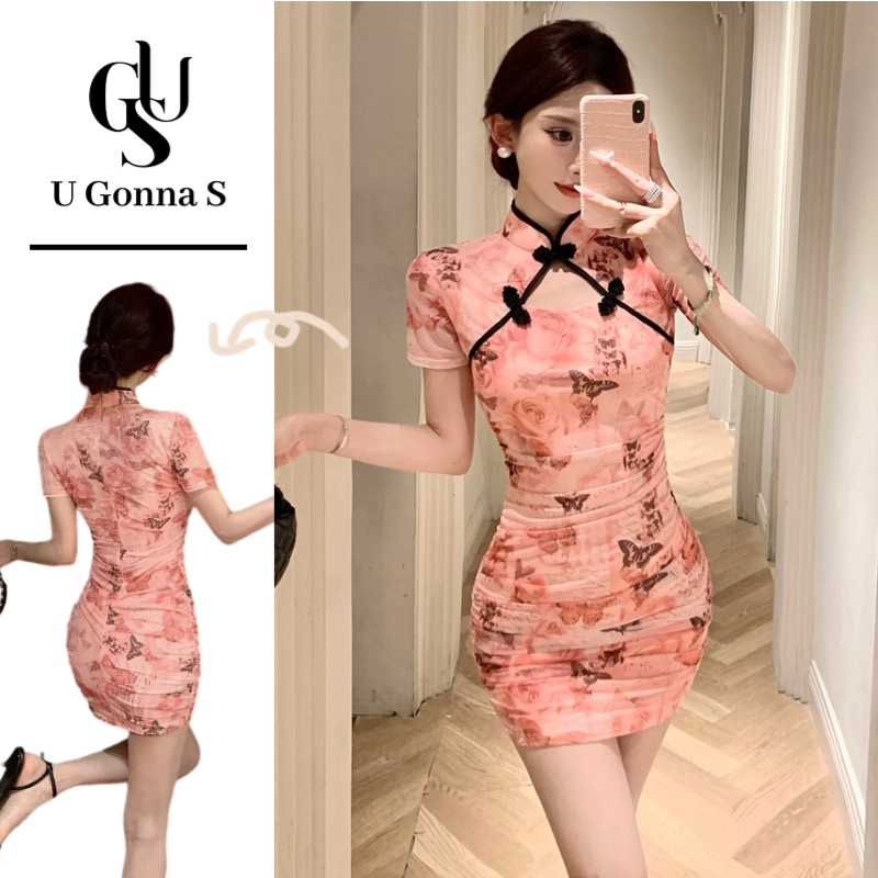 U Gonna S ชุดปรับปรุง Cheongsam โมเดิร์นแขนสั้นเซ็กซี่เหนือเข่าดอกไม้สีชมพูจีนเอวสูงแฟชั่นหรูหรา Bodycon 2024 ยืดเสื้อผ้าแบบดั้งเดิม Dinne