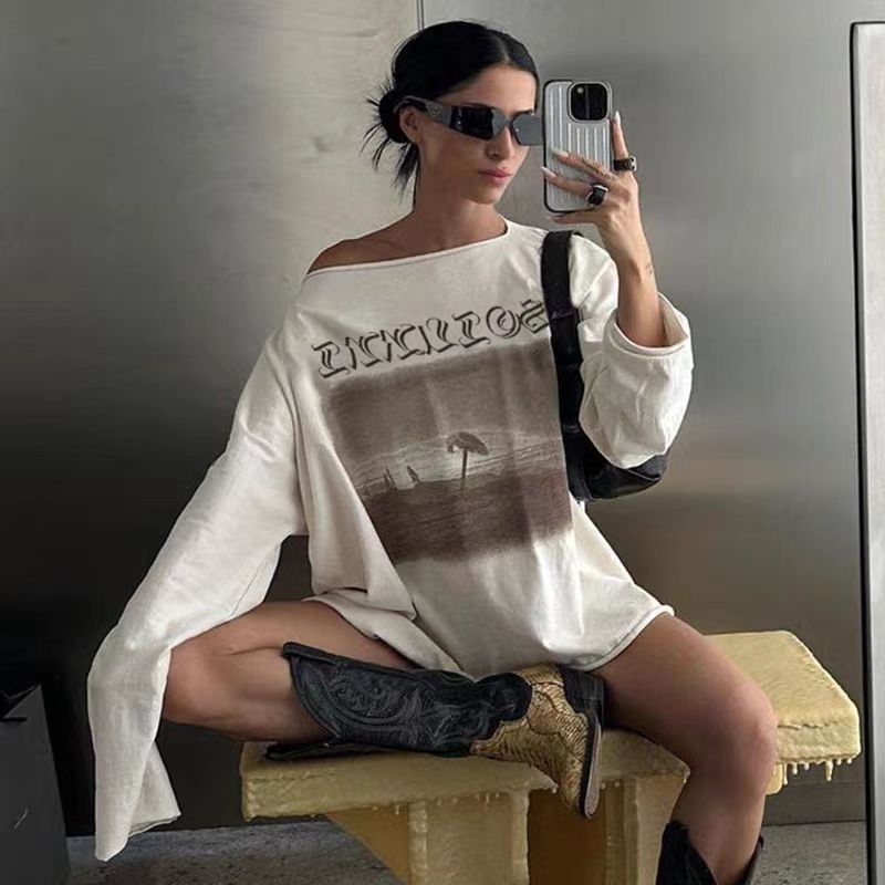 แปลก ทัส เสื้อยืดลําลองไม่สมมาตรแขนยาวผอมอเนกประสงค์ฤดูร้อนสตรีทบรรยากาศสไตล์แฟชั่นการออกแบบอาวุโส2024ใหม่สุดฮอต