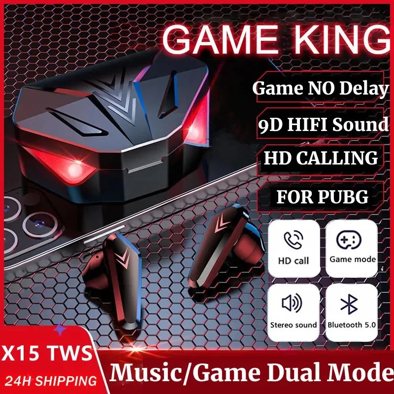 X15 TWS หูฟังสําหรับเล่นเกมหูฟังบลูทูธไร้สายพร้อมไมโครโฟนเสียงเบสตําแหน่งเสียง 9D สเตอริโอเพลง HiFi 