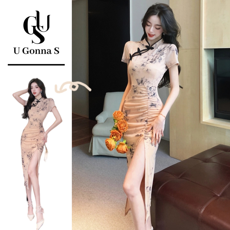 U Gonna S ชุดเดรสยาว Cheongsam 2024 โมเดิร์นสําหรับผู้หญิงด้านข้างแขนสั้นคอจีน Bodycon Elegant เซ็กซี่แฟชั่นออกแบบเสื้อผ้าแบบดั้งเดิมดอกไม้ยืดอาหารค่ํา P