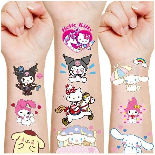 Sanrio Tattoo สติกเกอร์เด็กวันเกิด Party ตกแต่ง Kawaii อะนิเมะรูป Hello Kitty Kuromi Cinnamoroll สติกเกอร์ของเล่นคอสเพลย์
