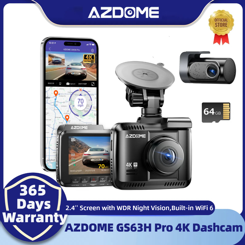 AZDOME GS63H Pro 4K Dual Channel Car Dash Cam 2160P ด้านหน้าและด้านหลังหน้าจอ 2.4 นิ้ว WDR Night Vis
