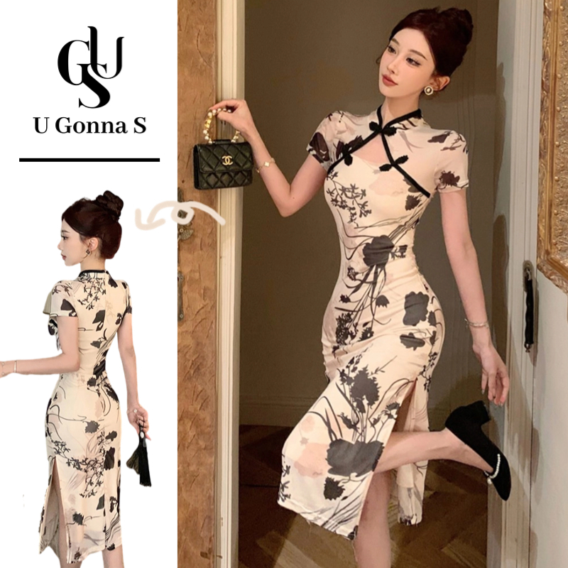 U Gonna S ชุดเดรสยาว Cheongsam 2024 โมเดิร์นสําหรับผู้หญิงด้านข้างแขนสั้นคอจีน Bodycon Elegant เซ็กซี่แฟชั่นออกแบบเสื้อผ้าแบบดั้งเดิมดอกไม้ยืดอาหารค่ํา P