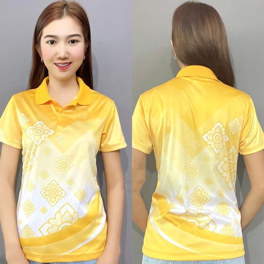 ไม่จํากัดเพศ เสื้อโปโลไทยนกยูงพิมพ์สีเหลืองไทยเสื้อโปโลบางระบายอากาศปุ่มคอเสื้อโปโล