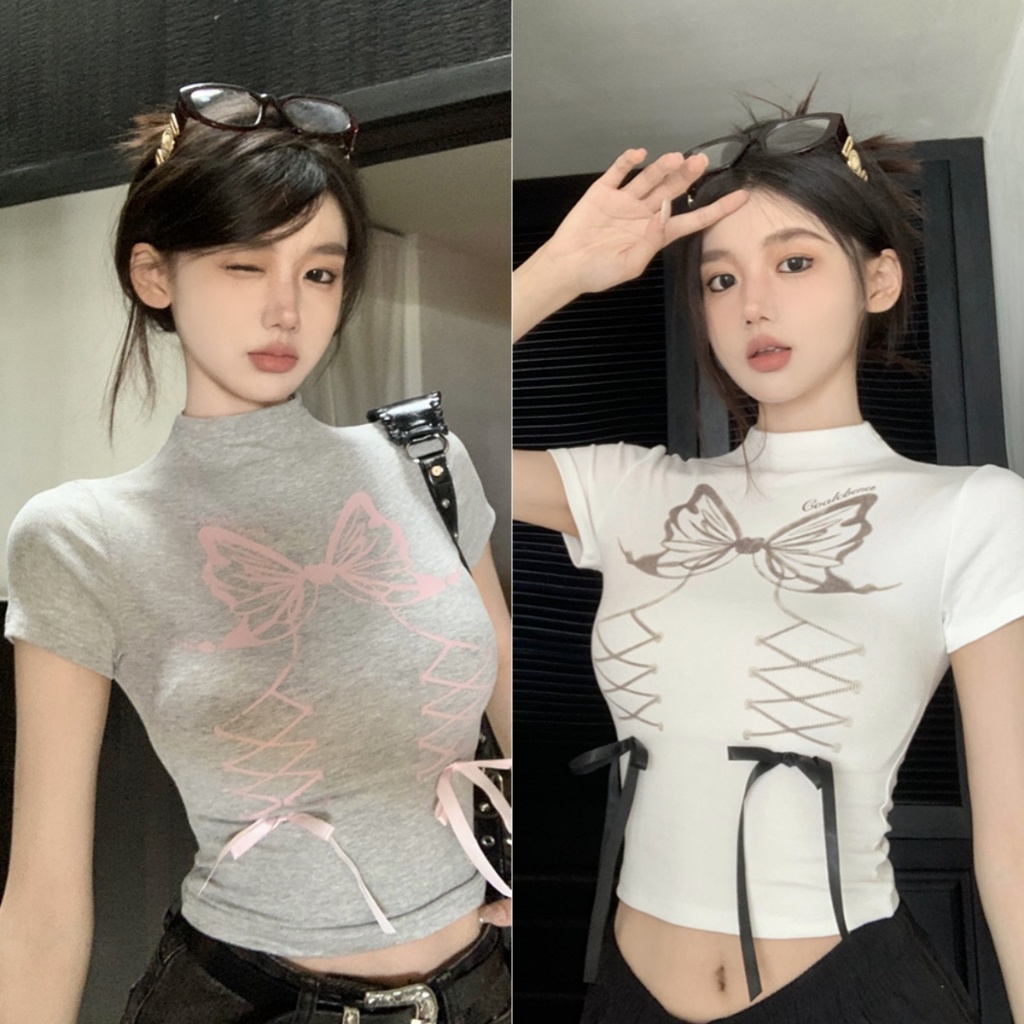 Bella Shop สไตล์หวานโบว์ตกแต่งพิมพ์ลดอายุแขนสั้น ครึ่งคอปกสูงสุภาพสตรีฤดูร้อนเสื้อยืด