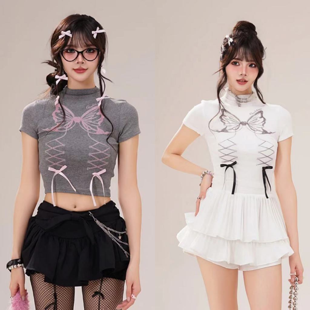 Luna Shop ฤดูร้อนสไตล์ใหม่ออกแบบโบว์อเมริกันแขนสั้น Slimmer ดูเสื้อยืดสาวร้อน