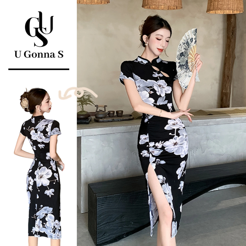 U Gonna S ชุดเดรสยาว Cheongsam 2024 โมเดิร์นสําหรับผู้หญิงด้านข้างแขนสั้นคอจีน Bodycon Elegant เซ็กซี่แฟชั่นออกแบบเสื้อผ้าแบบดั้งเดิมดอกไม้ยืดสีฟ้า Din