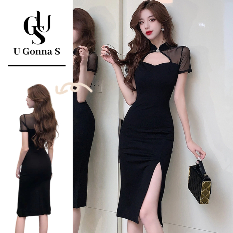 U Gonna S ชุดเดรสยาว Cheongsam 2024 โมเดิร์นสําหรับผู้หญิงด้านข้างแขนสั้นคอจีน Bodycon Elegant เซ็กซี่แฟชั่นออกแบบเสื้อผ้าแบบดั้งเดิมยืดอาหารค่ําสีดํา Pa