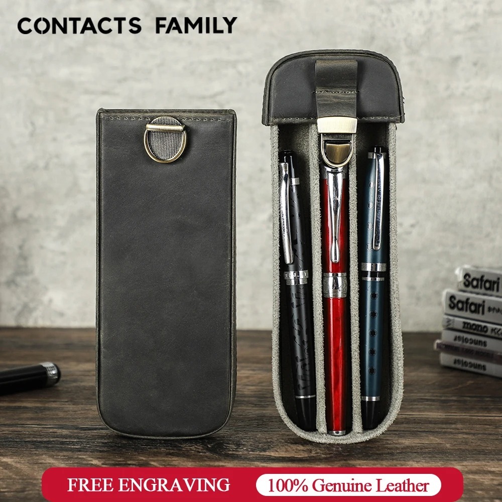 CONTACTS FAMILY เคสปากกาหนังแท้ย้อนยุคกล่องหัวเข็มขัดทองเหลืองกล่องดินสอที่ใส่ปากกาน้ําพุพร้อมช่องเสียบปากกาลบ