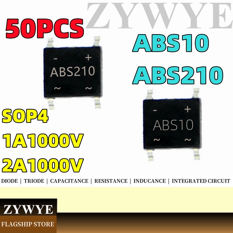 50pcs ABS210 ABS10 ไดโอดเฟสเดียว 1A 2A 1000V อะแดปเตอร์ไฟ LED SOP4 Patch Rectifier สะพาน Stack