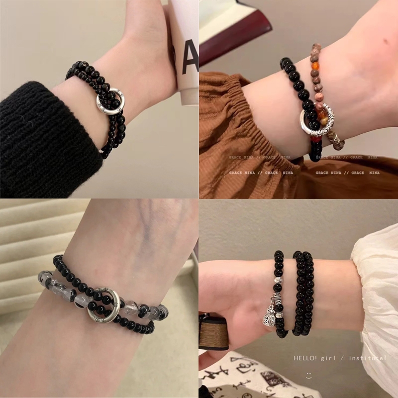 แฟชั่นผู้หญิงเครื่องประดับโอปอลเทียมโซ่คู่สีดําหินลูกปัดสร้อยข้อมือ