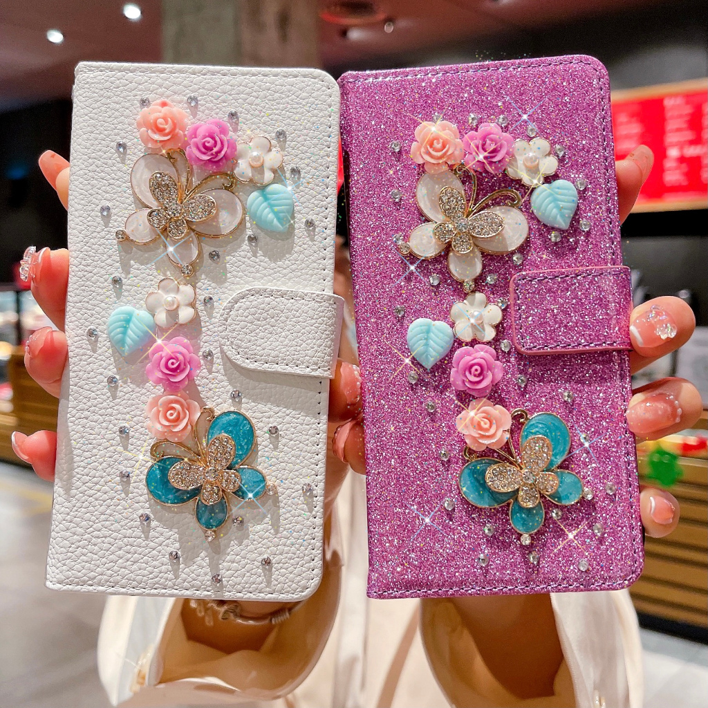SAMSUNG เพชรเงาดอกไม้ผีเสื้อสําหรับsamsung Galaxy A55 A35 A15 A05s A54 A34 A24 A25 A23 A51 A52S A53 Flip PUหนังSlimกระเป๋าสตางค์